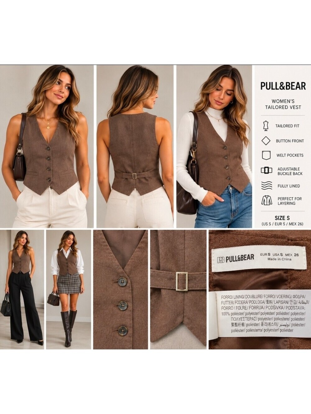 Pull&Bear Brown Tailored Waistcoat Vest Womenβs S Button Front Buckle Back
